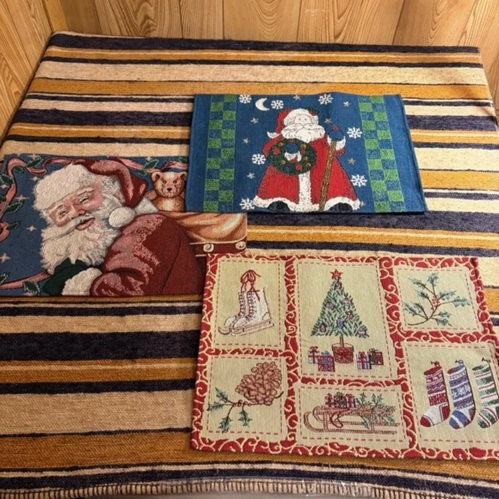 Vintage Christmas Tapestry Placemats Set of 3 Santa Claus‎ Tree Stockings Woven